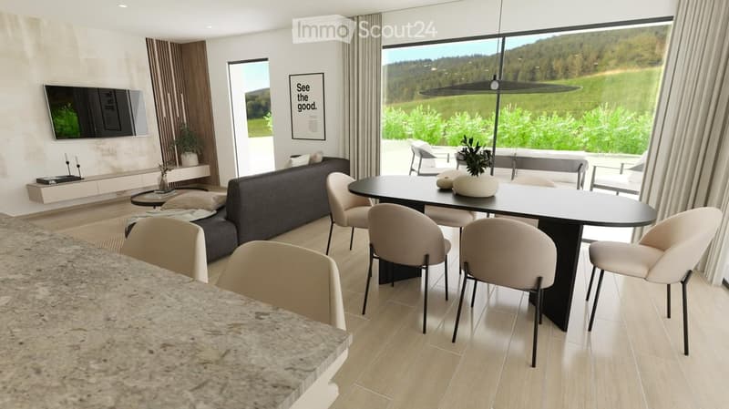 Modern living and dining area with large windows offering a scenic view, featuring a grey sofa, coffee table, dining table with chairs, and a television mounted on the wall.