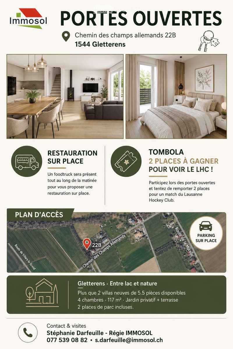 Promotional flyer for a real estate property at Chemin des champs allemands 22B, 1544 Gletterens, featuring images of a modern kitchen, living room, and bedroom, along with details about a food truck, parking, and a lottery for Lausanne Hockey Club ticket