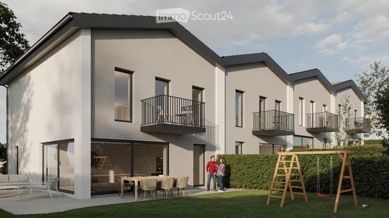 Modern two-story house with white exterior, large windows, balconies, and outdoor seating area. Includes a swing set in the front yard.