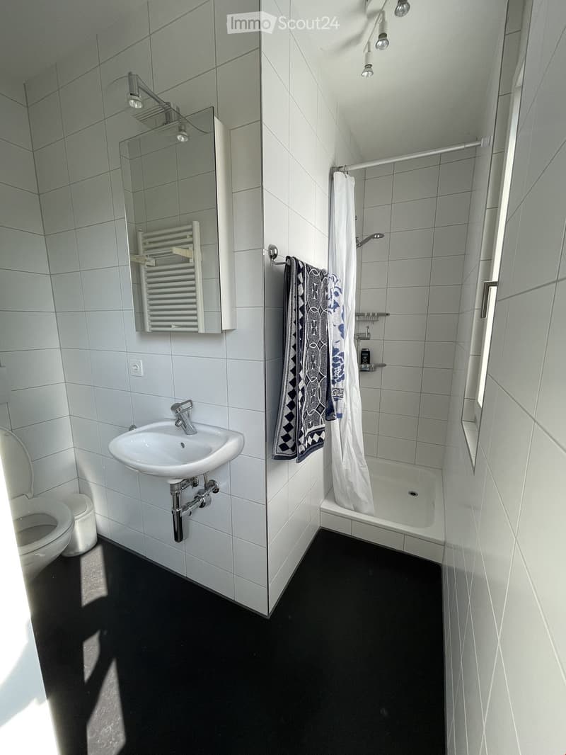 Modern bathroom with white tiles, a toilet, a sink, a bathtub, a mirror, a radiator, and a towel hanging on the wall.