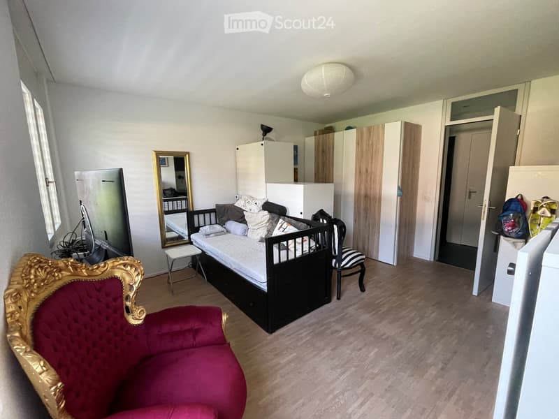 A small, furnished room with a single bed, a red velvet sofa, a chair, a mirror, and a wardrobe. The room has wooden flooring and white walls.
