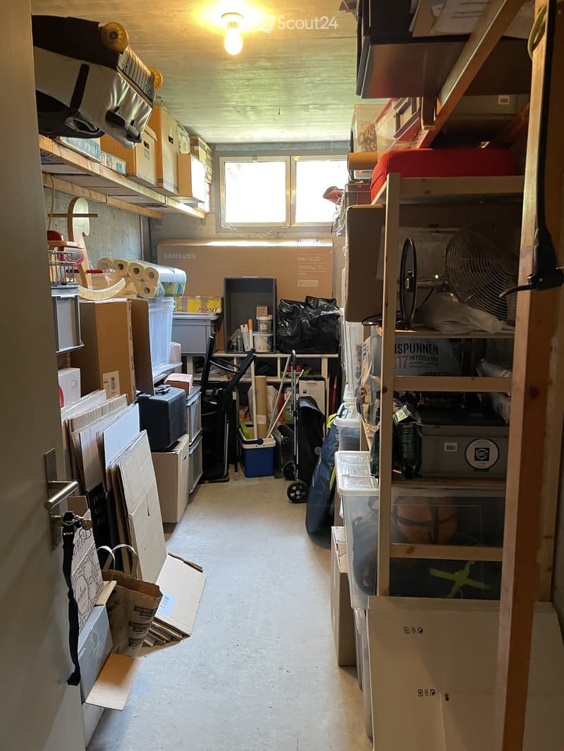 A narrow, cluttered hallway with shelves and storage units filled with boxes, bags, and miscellaneous items. A window at the far end provides natural light.