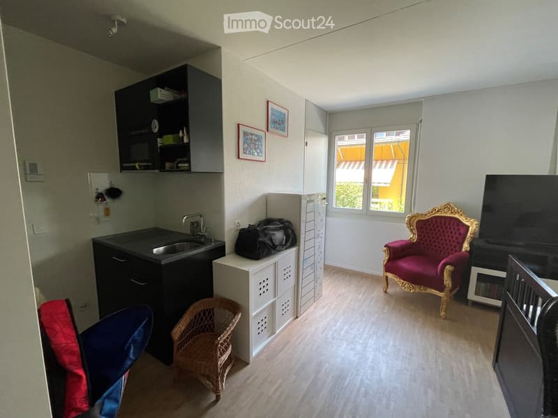 A compact, well-lit room with a small kitchen area featuring a sink, refrigerator, and cabinets. There is a wicker chair, a red and gold ornate chair, a television, and a backpack on the floor.