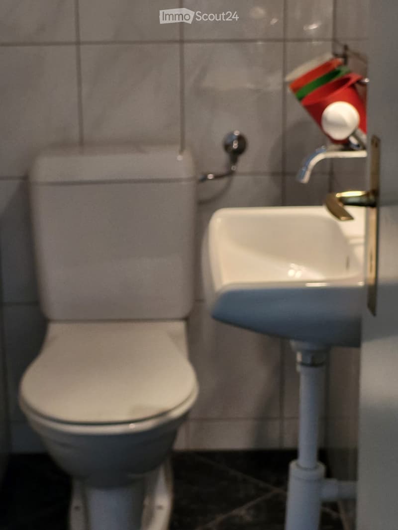Bathroom with a toilet and a sink, featuring a blue countertop and a silver faucet.