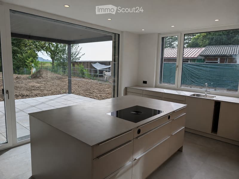 Modern kitchen with a central island featuring an induction cooktop, built-in cabinets, and a sink with a modern faucet. Large windows and a sliding glass door provide natural light and access to the outdoor area.