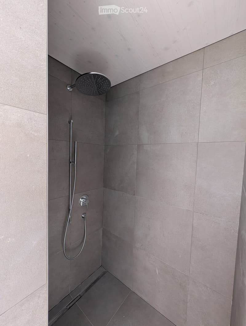 Modern shower area with grey tiles, a sleek showerhead, and a handheld sprayer.