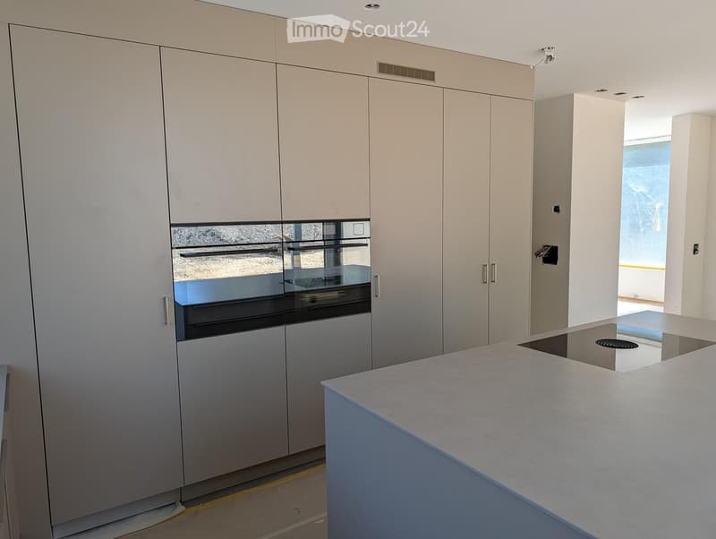 Modern kitchen with light-colored cabinets, a central island countertop, and a built-in oven with glass doors.