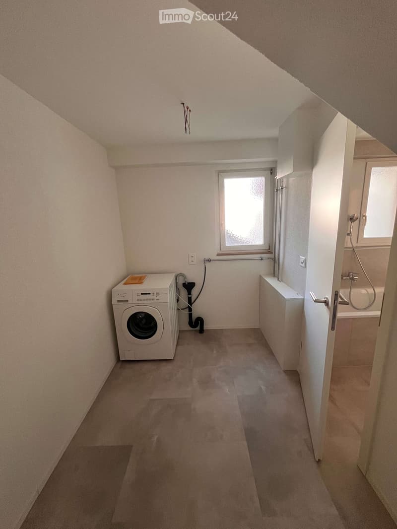 Small bathroom with a washing machine, shower, and two windows, featuring light-colored walls and carpeted floor.