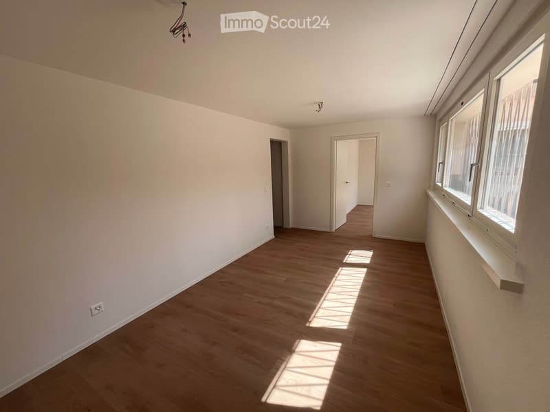 Empty hallway with wooden flooring, white walls, and large windows allowing natural light to enter. Two doors are visible at the end of the hallway.