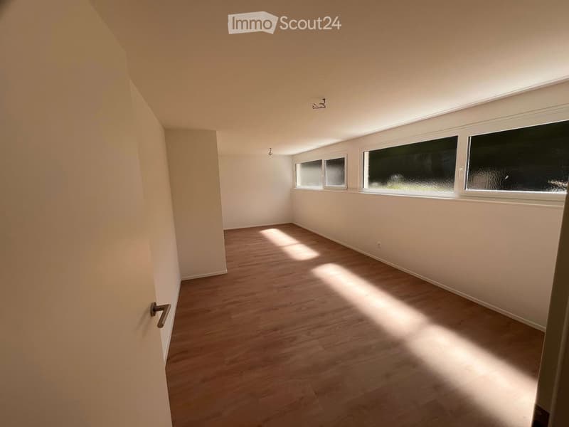 Empty room with light wooden flooring and white walls, featuring multiple windows allowing natural light to enter.