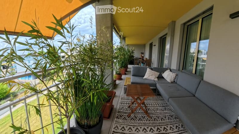 Balcony with grey sectional sofa, wooden coffee table, patterned rug, and potted plants.