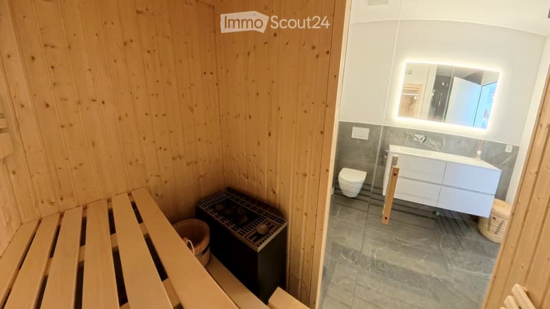 Modern bathroom with wooden sauna bench, toilet, sink, and mirror. Grey tiled walls and floor.