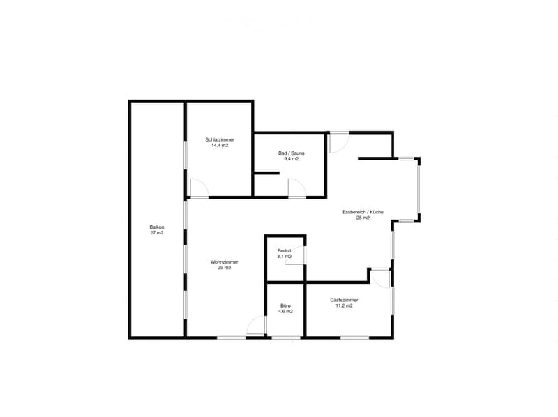 Floor plan showing a living room, bedroom, bathroom, kitchen, balcony, office, and guest room.