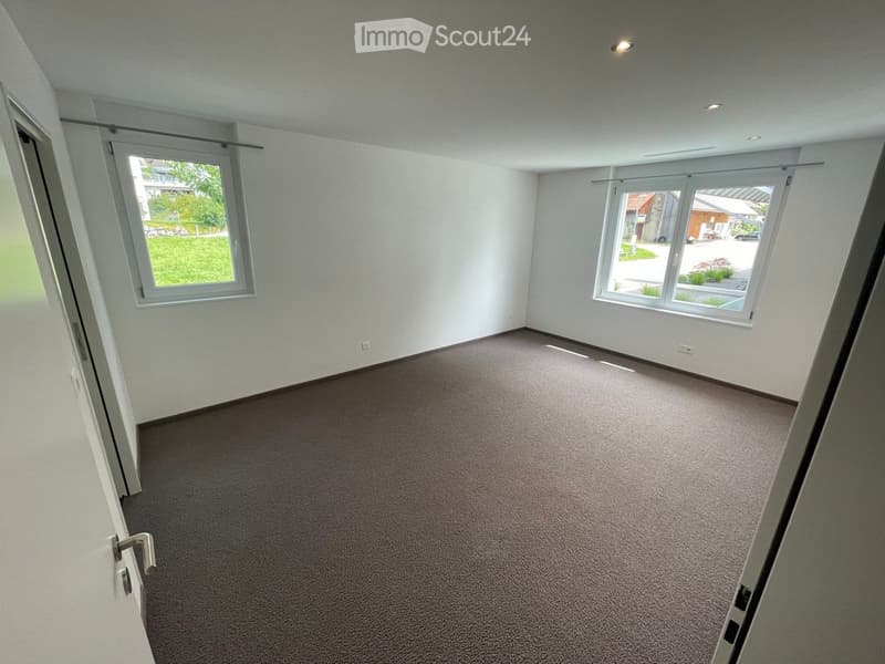 Empty room with white walls, carpeted floor, and large windows with blinds. No furniture or equipment present.