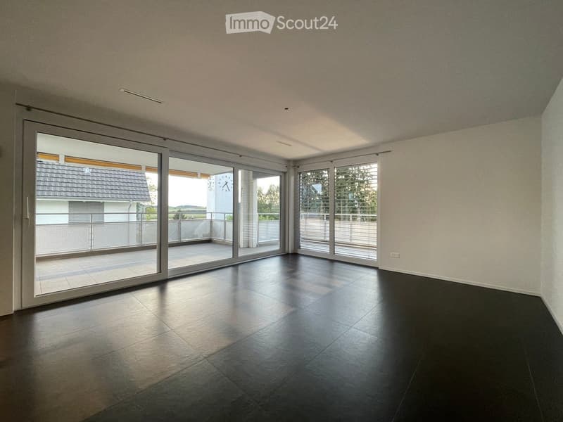 Empty room with dark tiled floor, large sliding glass doors leading to a balcony, white walls, and a visible clock on the adjacent building.