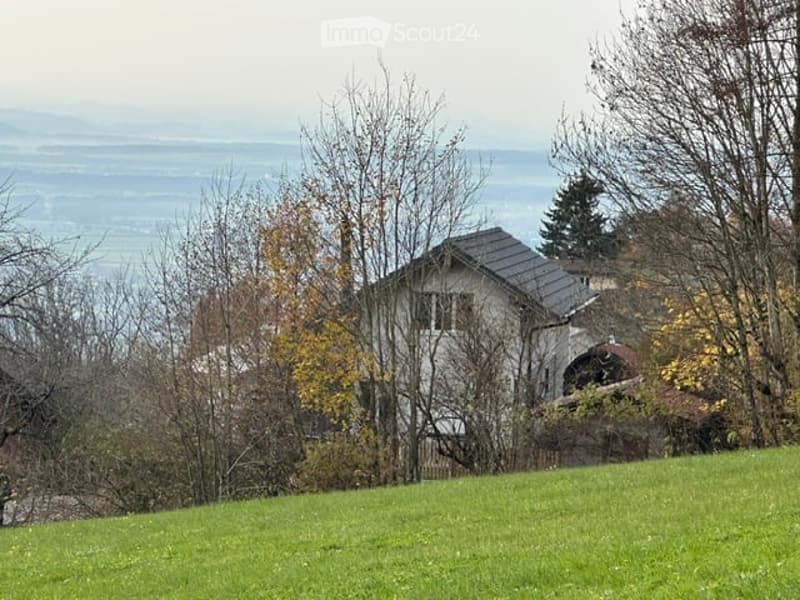 A single-story house with a stone facade and a grey roof, surrounded by trees and a grassy lawn, with a scenic view of a valley in the background.