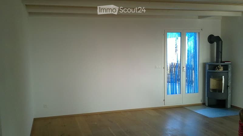Empty room with wooden flooring, white walls, and a fireplace with a chimney. There is a double glass door leading outside.