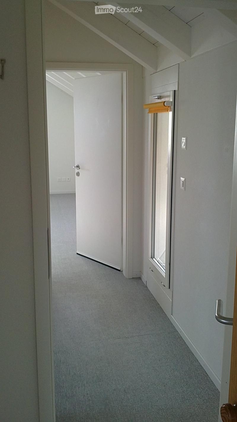 Empty hallway with white walls, grey carpeted floor, and a window at the end. Features a door on the left and built-in storage on the right.