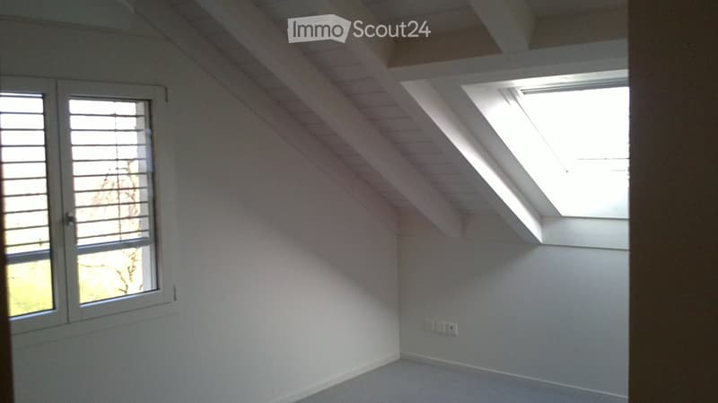 Empty attic room with white walls, wooden slanted ceiling, large skylight window, and a side window with blinds.