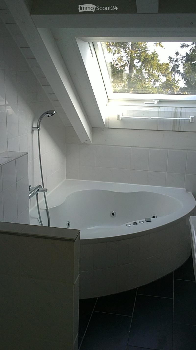 Modern bathroom with a large, curved bathtub, a sleek chrome faucet, and a skylight window above the tub.
