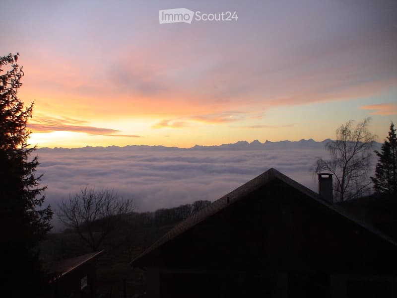 A house with a pitched roof and chimney, surrounded by trees, with a view of mountains and a sunset sky.