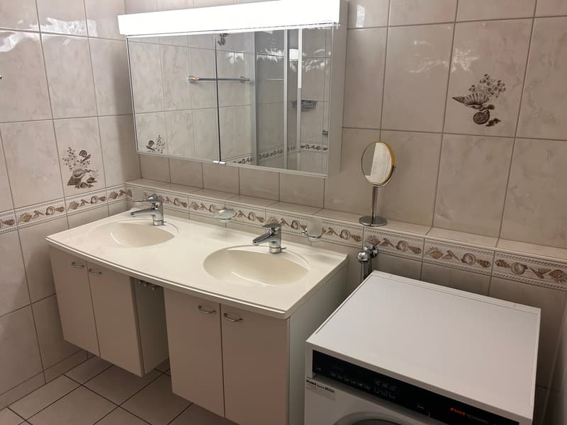 Modern bathroom with double sink, mirrored cabinet, and built-in washing machine.