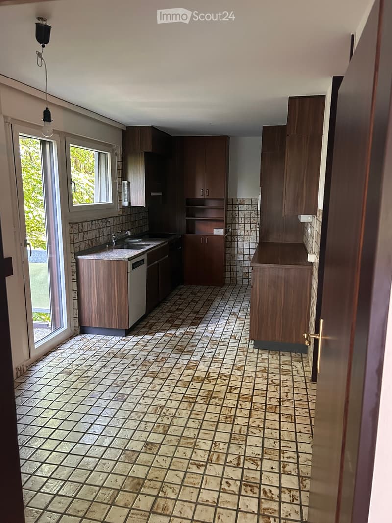 Modern kitchen with tiled floor, wooden cabinets, sink, and dishwasher. Natural light from windows on the left side.
