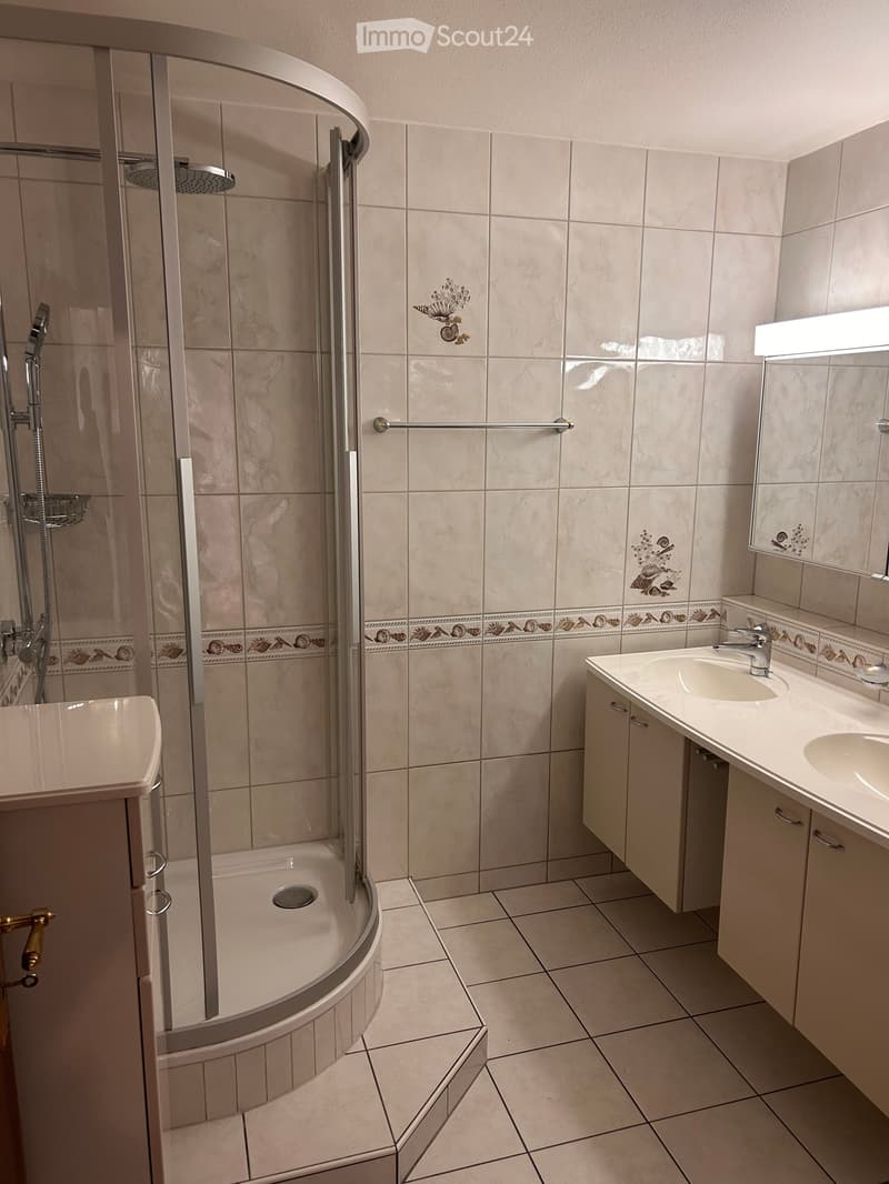 Modern bathroom with a bathtub, walk-in shower, double sink, and mirrored cabinet.