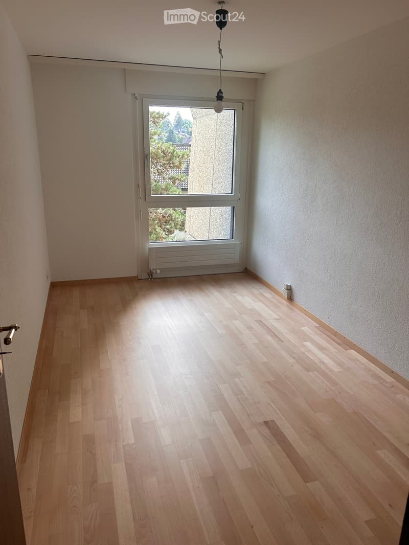 Empty room with light wooden flooring, white walls, and a large window with a view of greenery. A radiator is visible below the window, and a single light fixture hangs from the ceiling.