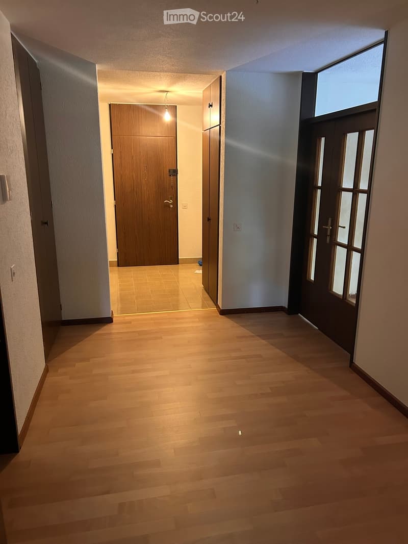 Empty hallway with wooden flooring, light-colored walls, and a single hanging light fixture. Doors on both sides lead to other rooms.