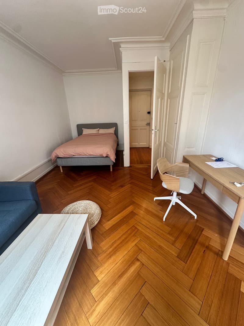 Cozy studio with wooden herringbone flooring, a bed with a pink duvet, a blue sofa, a small round white table, a wicker stool, and a desk with a chair.