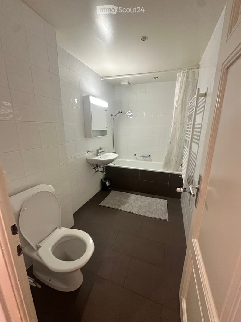 Modern bathroom with white tiles, a toilet, a sink, a bathtub, a shower, and a mirror. The floor is dark grey, and there is a small rug in front of the bathtub.