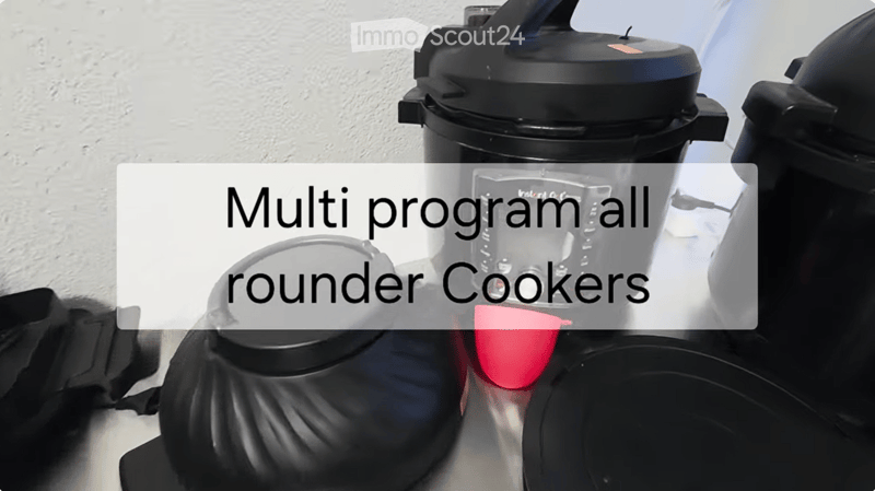 Three round pressure cookers with black lids and handles are shown on a surface, with a text overlay reading "Multi program all rounder Cookers".