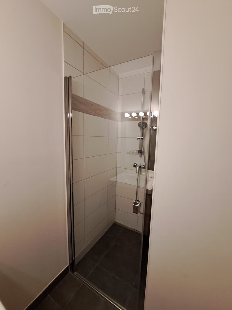 Modern bathroom with a glass-enclosed shower, white tiles, and a dark tiled floor.