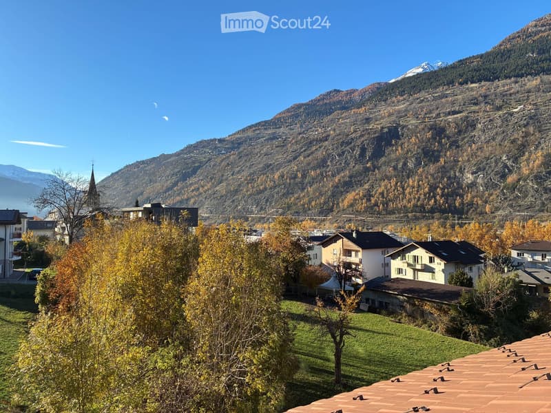 Mountain view, village houses, trees, clear sky, red roof