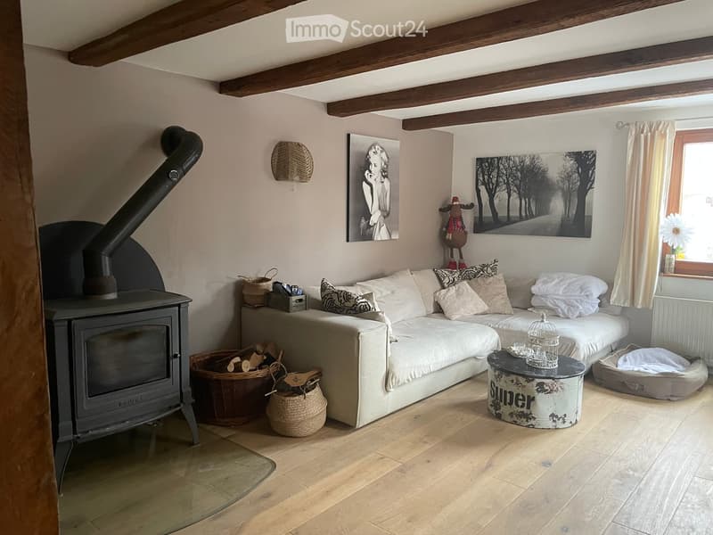 Cozy living room with exposed wooden beams, a fireplace, a sofa, a small bed, a round table, and decorative baskets.