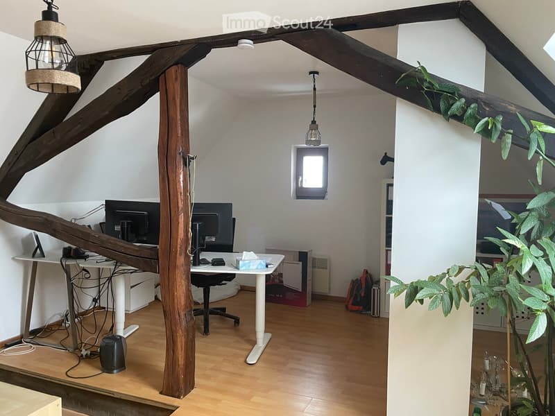 A modern, well-lit room with wooden floors and exposed wooden beams. Features include a desk with a computer, a chair, a small table with a tissue box, a hanging lamp, and a large leafy plant in a pot.