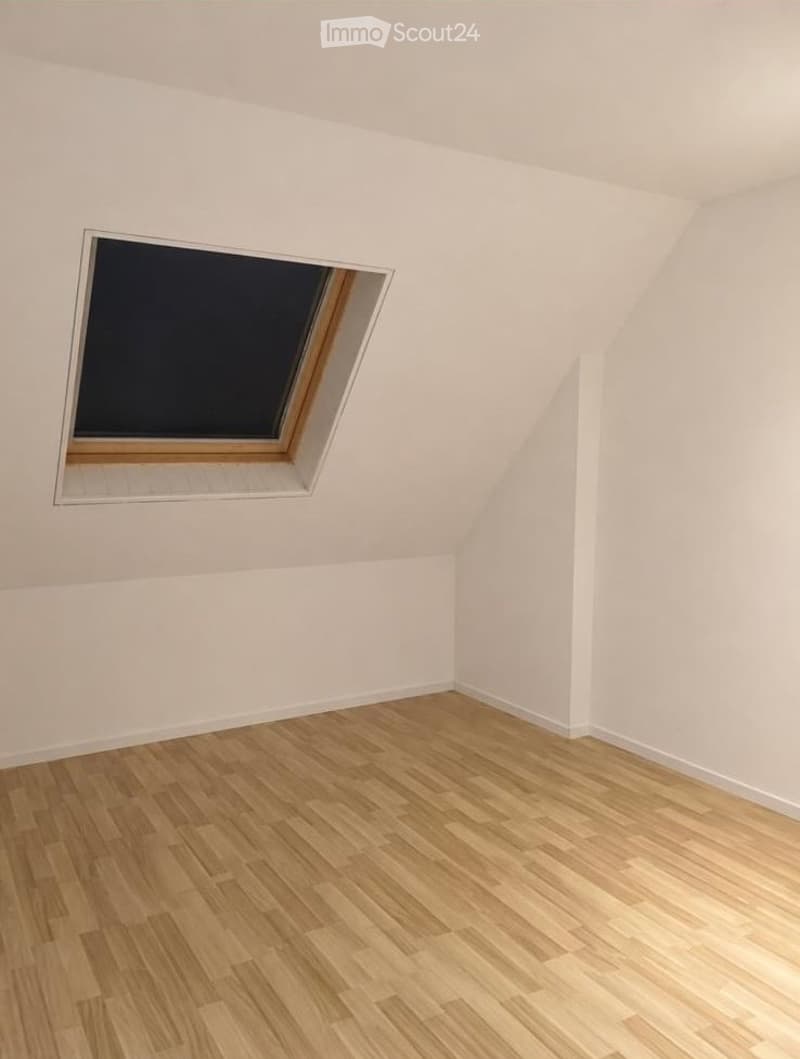 Empty attic room with wooden flooring and a skylight window.