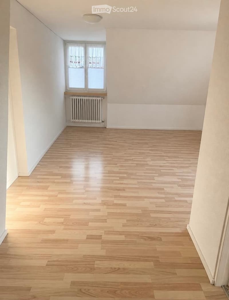 Empty room with light wooden flooring, white walls, and a single window with blinds. A radiator is visible below the window.