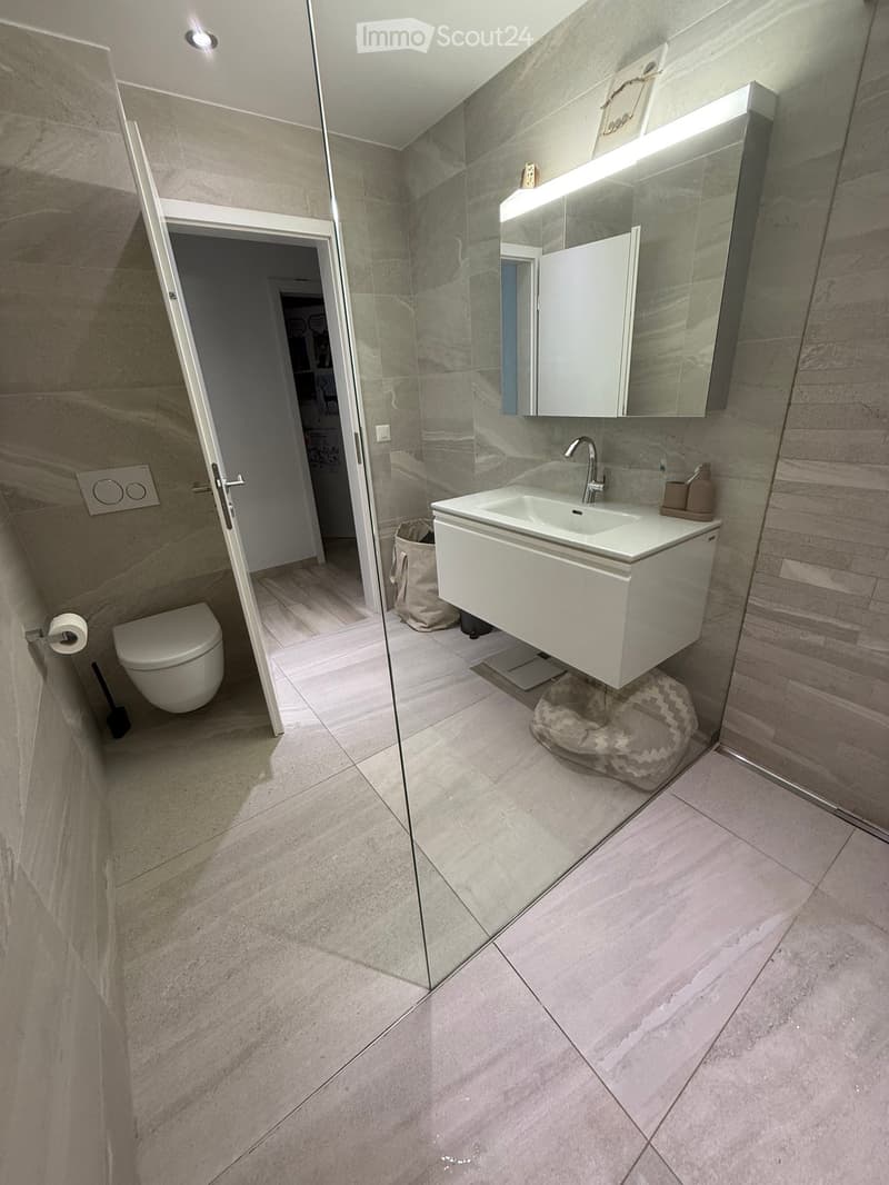 Modern bathroom with a white sink, toilet, large mirror, and sleek cabinet. Features a glass shower enclosure and tiled floors.