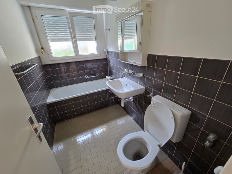 Bathroom with dark tiled walls, a white toilet, a bathtub, a sink, and a mirror above the sink. The room has a window with blinds and a door with a handle.