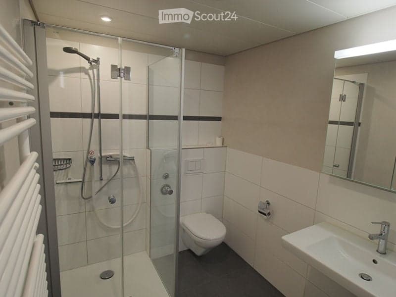 Modern bathroom with a glass-enclosed shower, toilet, sink, and a large mirror. The walls are tiled in white with black accents, and a radiator is visible on the left side.