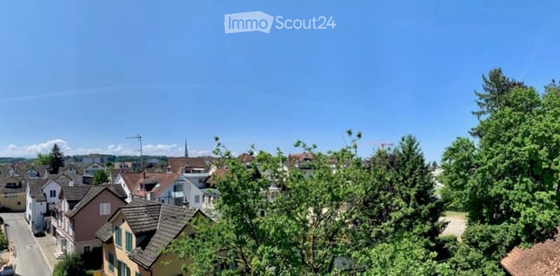 Aerial view of a residential neighborhood with multiple houses, trees, and a clear blue sky.