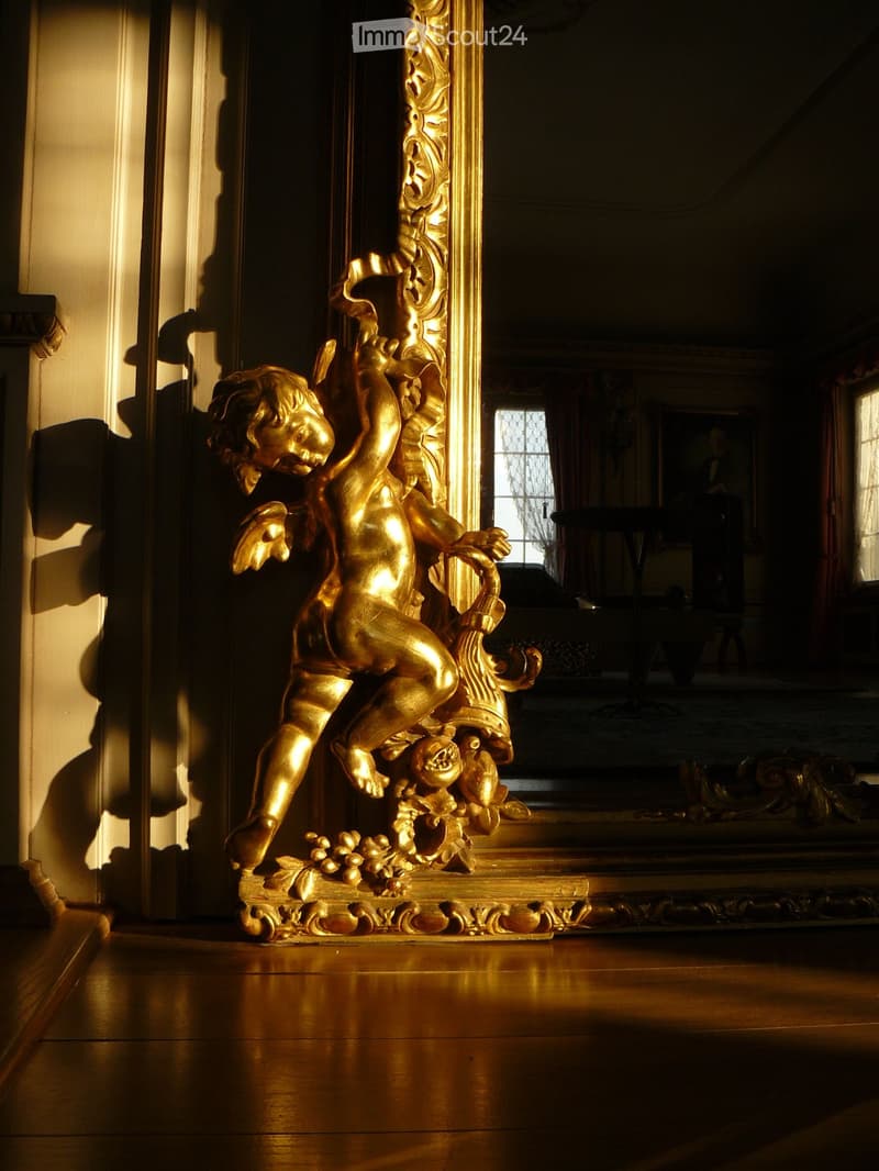 Ornate gold-framed mirror with cherub decoration, reflecting a room with a table and chairs, wooden floor.