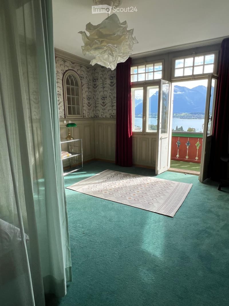 Bright room with green carpeting, large windows offering a scenic mountain view, a patterned rug, a table lamp, and a cabinet.