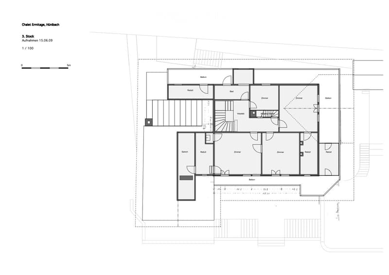 Floor plan of Chalet Ermitage, Hönibach, showing three floors with multiple rooms including bedrooms, bathrooms, and balconies.