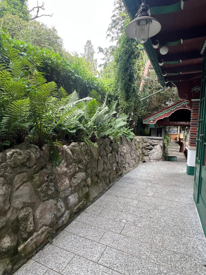 A narrow, tiled pathway bordered by a stone wall and lush greenery, leading to a traditional building entrance with ornate details and hanging lanterns.