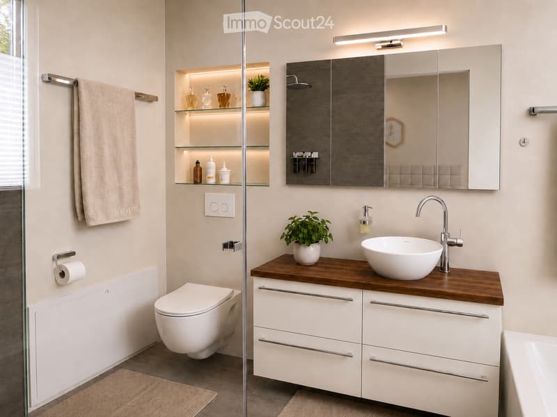 Modern bathroom with a white toilet, wooden countertop sink, mirrored cabinet, glass shelves, and decorative plants.