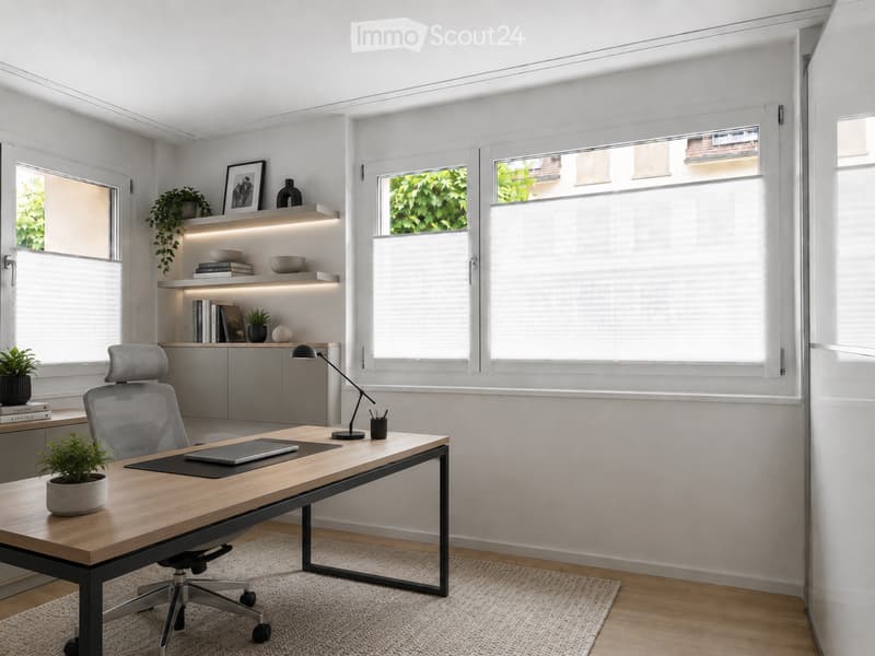 Modern office space with a wooden desk, ergonomic chair, sleek lamp, built-in shelving, and decorative plants.