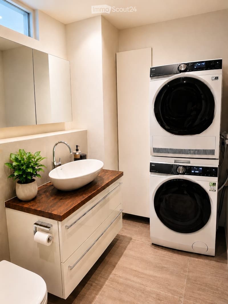 Modern bathroom with a white sink, wooden countertop, toilet, and a stacked washer/dryer unit. Features a potted plant on the counter and a large mirror above the sink.